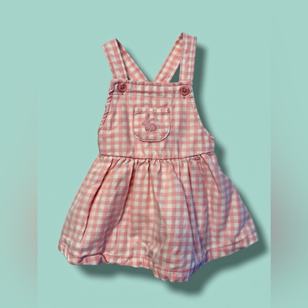 Girls Pink and White Pinafore Dress - Carters - Gingham - Bunny Detail - Sz 6m